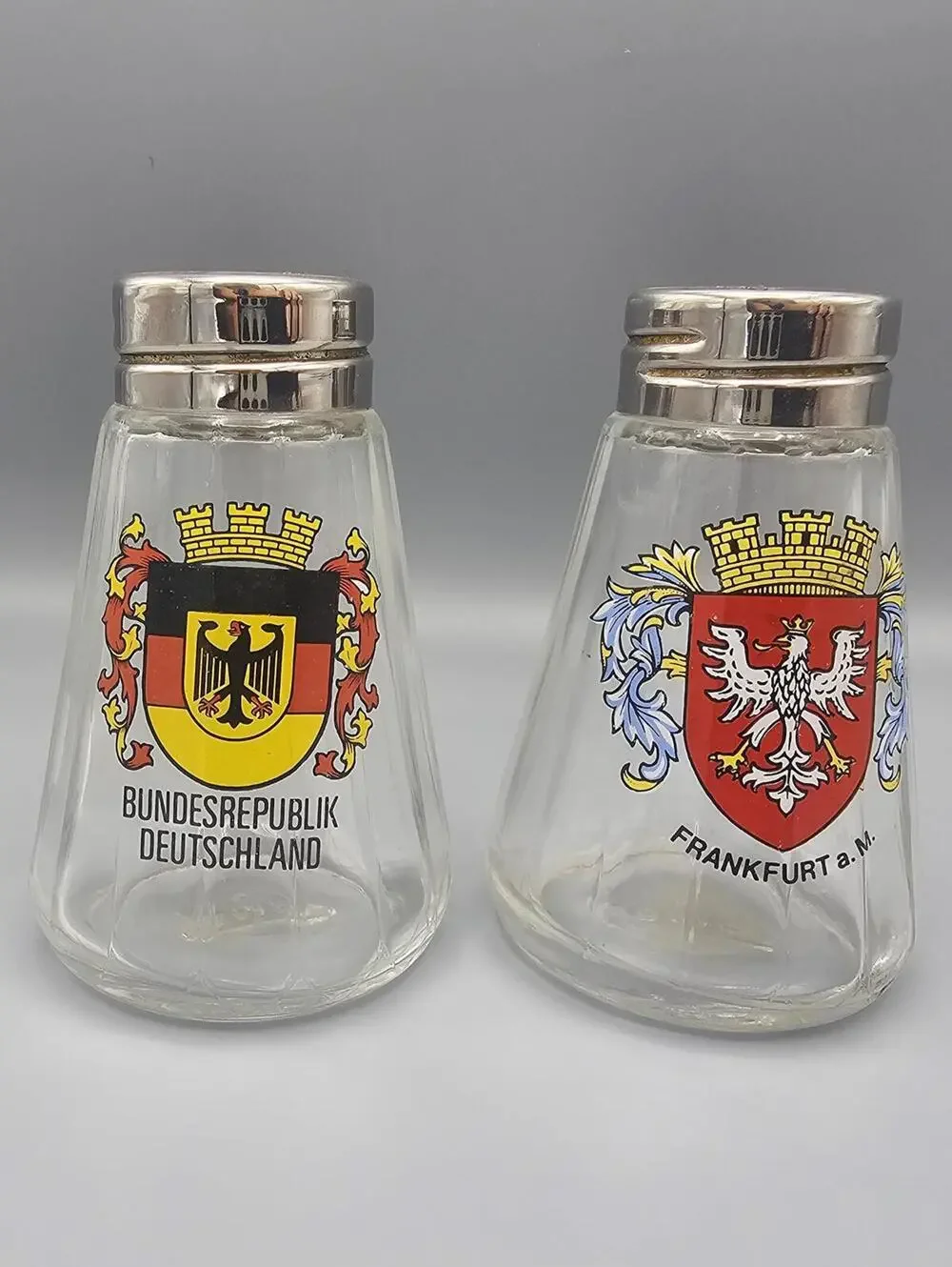 Vintage German Glass Salt and Pepper Shakers with Metal Tops